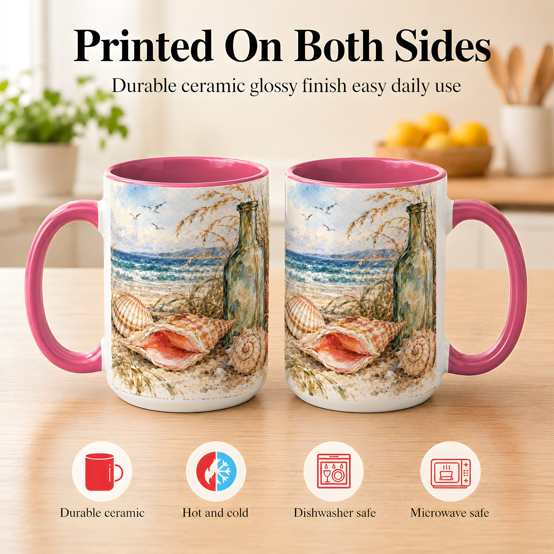 #pl[15oz|Pink] Watercolor Coastal Seashell Coffee Mug, Beach Bottle Mug, Ceramic Cup