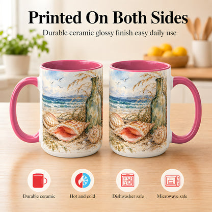 #pl[15oz|Pink] Watercolor Coastal Seashell Coffee Mug, Beach Bottle Mug, Ceramic Cup