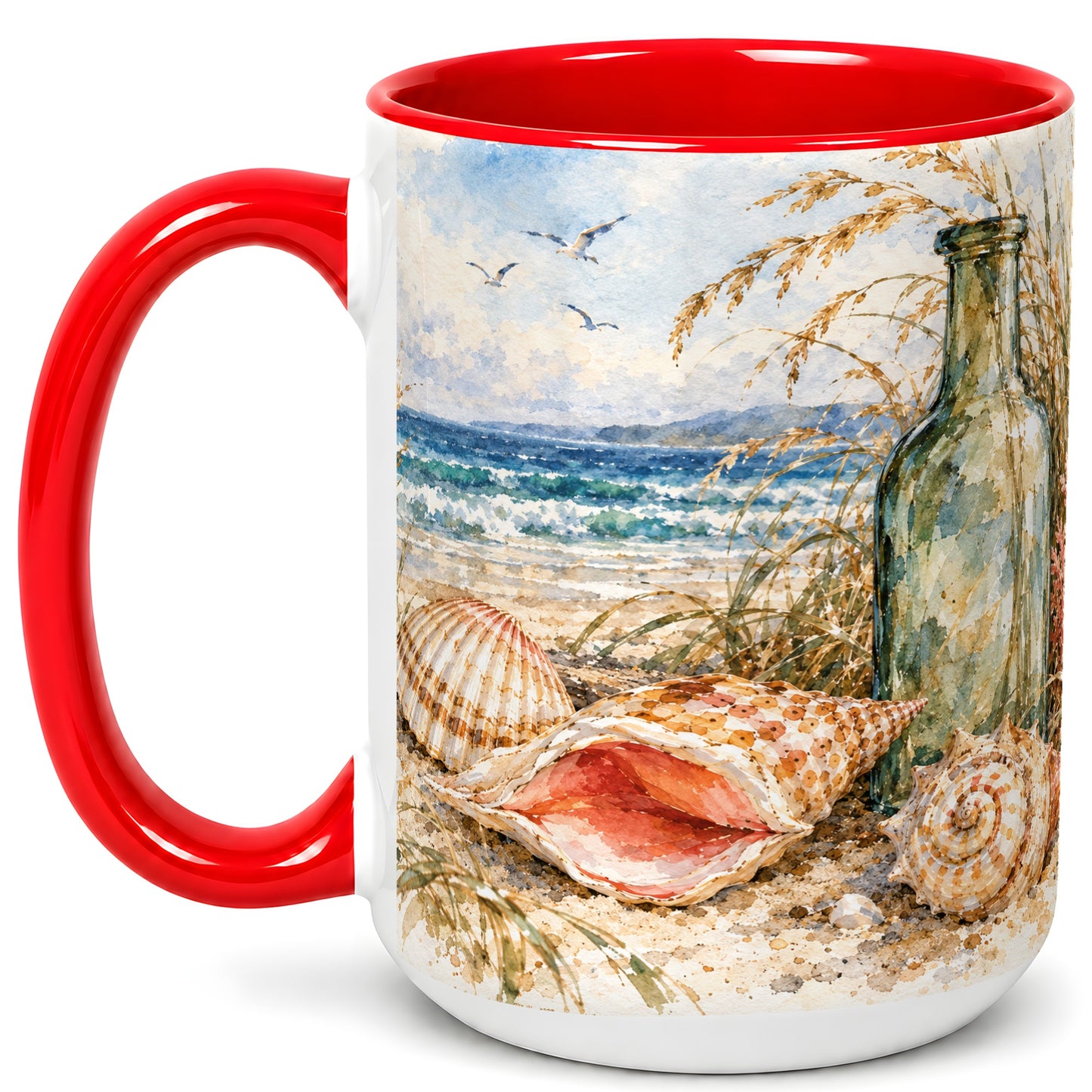 #pl[15oz|Red] Watercolor Coastal Seashell Coffee Mug, Beach Bottle Mug, Ceramic Cup