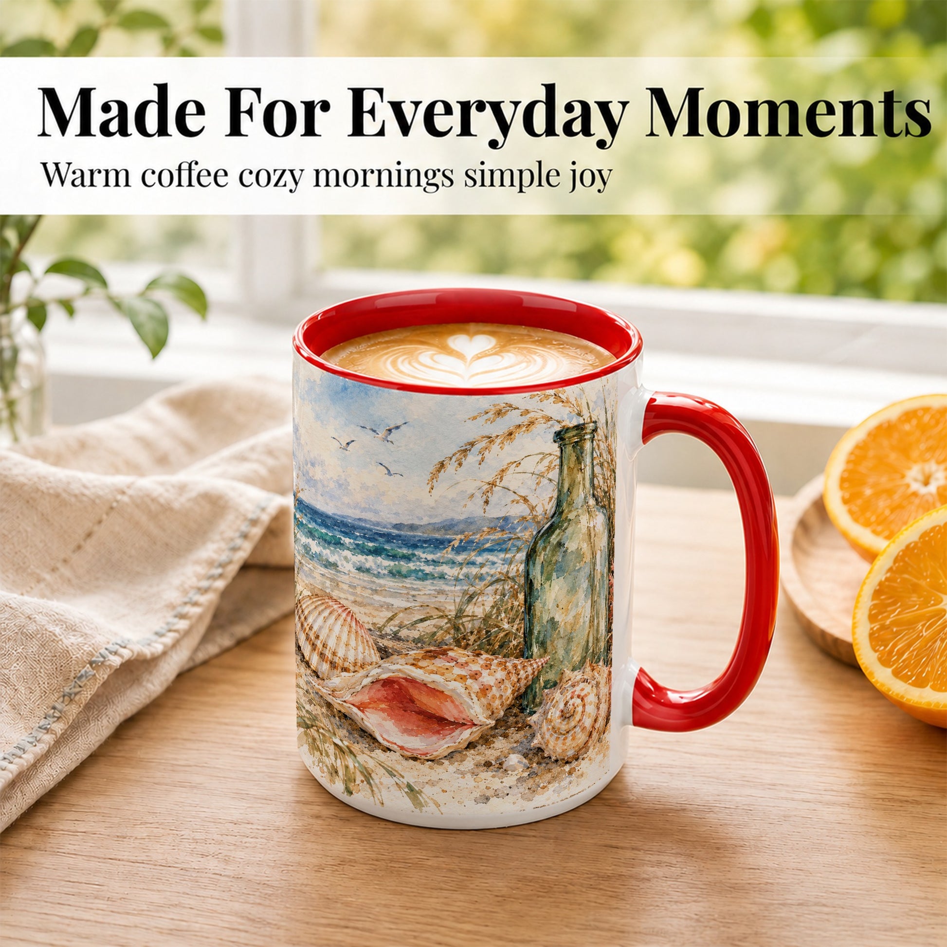 #pl[15oz|Red] Watercolor Coastal Seashell Coffee Mug, Beach Bottle Mug, Ceramic Cup