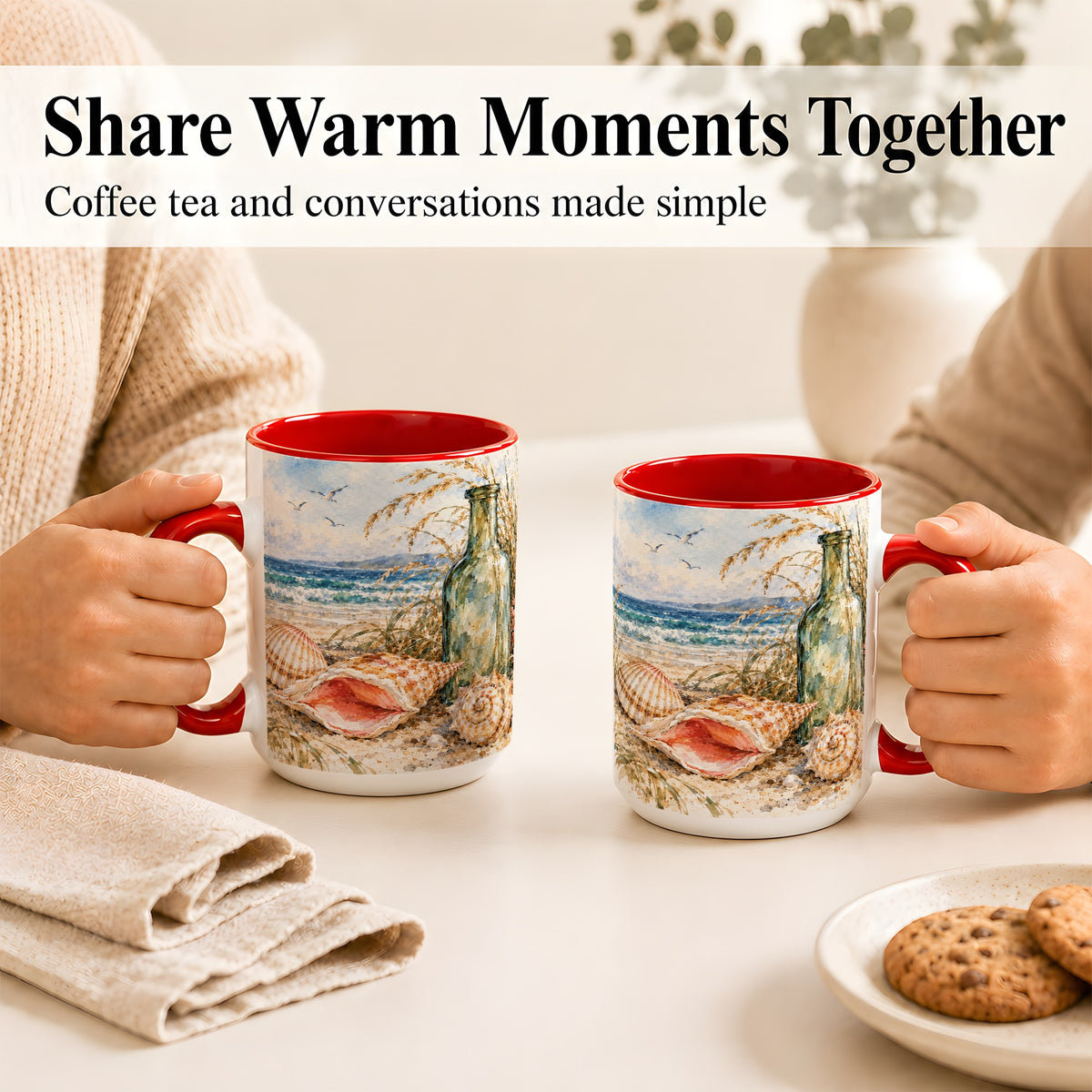 #pl[15oz|Red] Watercolor Coastal Seashell Coffee Mug, Beach Bottle Mug, Ceramic Cup