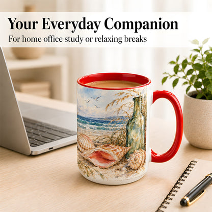 #pl[15oz|Red] Watercolor Coastal Seashell Coffee Mug, Beach Bottle Mug, Ceramic Cup