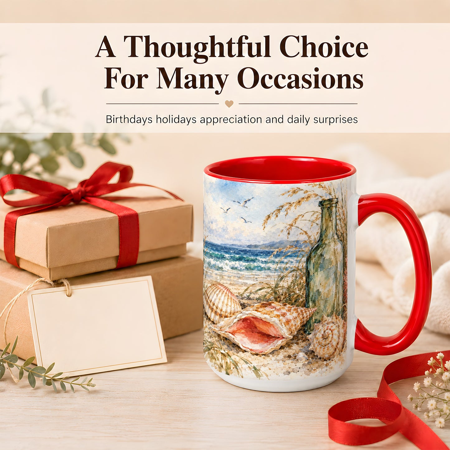 #pl[15oz|Red] Watercolor Coastal Seashell Coffee Mug, Beach Bottle Mug, Ceramic Cup