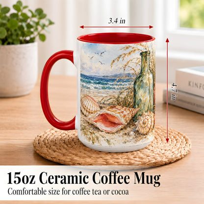 #pl[15oz|Red] Watercolor Coastal Seashell Coffee Mug, Beach Bottle Mug, Ceramic Cup