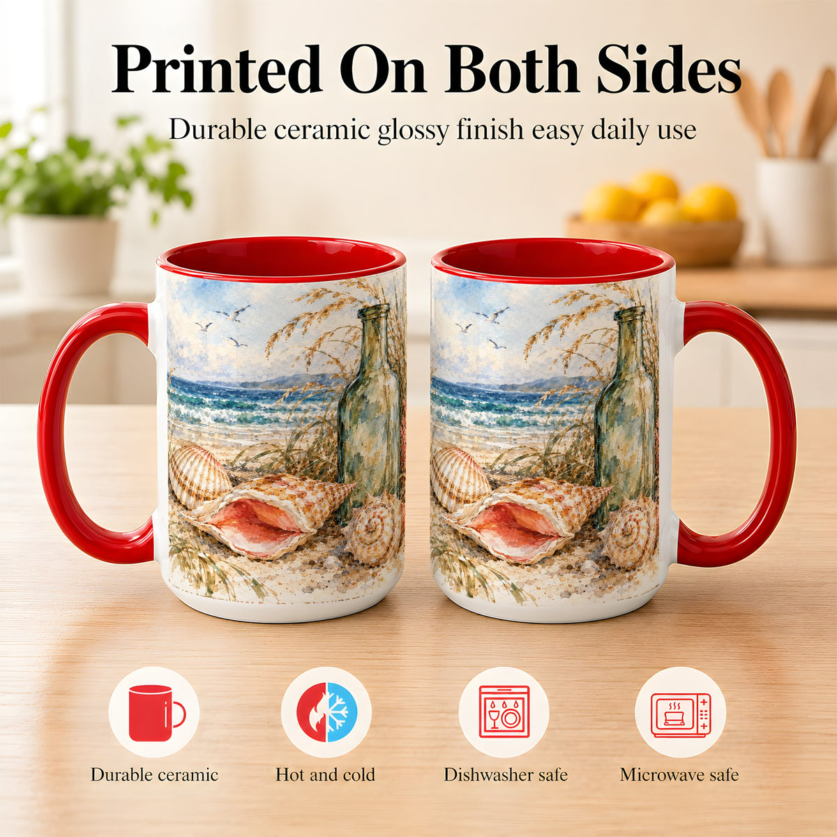 #pl[15oz|Red] Watercolor Coastal Seashell Coffee Mug, Beach Bottle Mug, Ceramic Cup