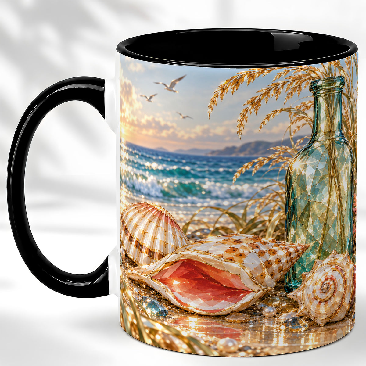 #pl[11oz|Black] Gem Style Seashell Coffee Mug, Coastal Bottle Beach Mug, Ceramic Cup