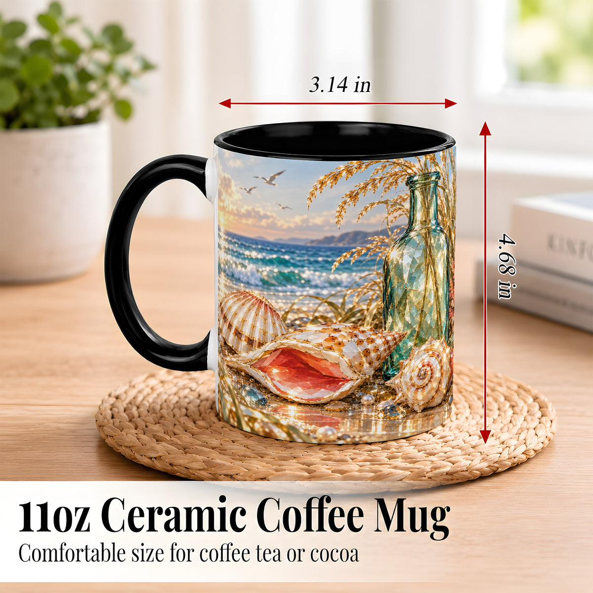 #pl[11oz|Black] Gem Style Seashell Coffee Mug, Coastal Bottle Beach Mug, Ceramic Cup