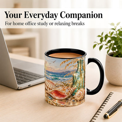 #pl[11oz|Black] Gem Style Seashell Coffee Mug, Coastal Bottle Beach Mug, Ceramic Cup