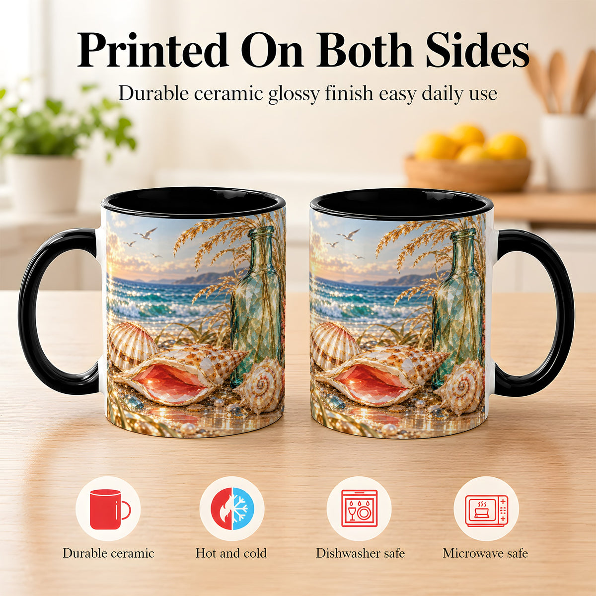 #pl[11oz|Black] Gem Style Seashell Coffee Mug, Coastal Bottle Beach Mug, Ceramic Cup