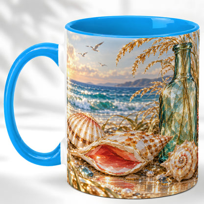 #pl[11oz|Blue] Gem Style Seashell Coffee Mug, Coastal Bottle Beach Mug, Ceramic Cup