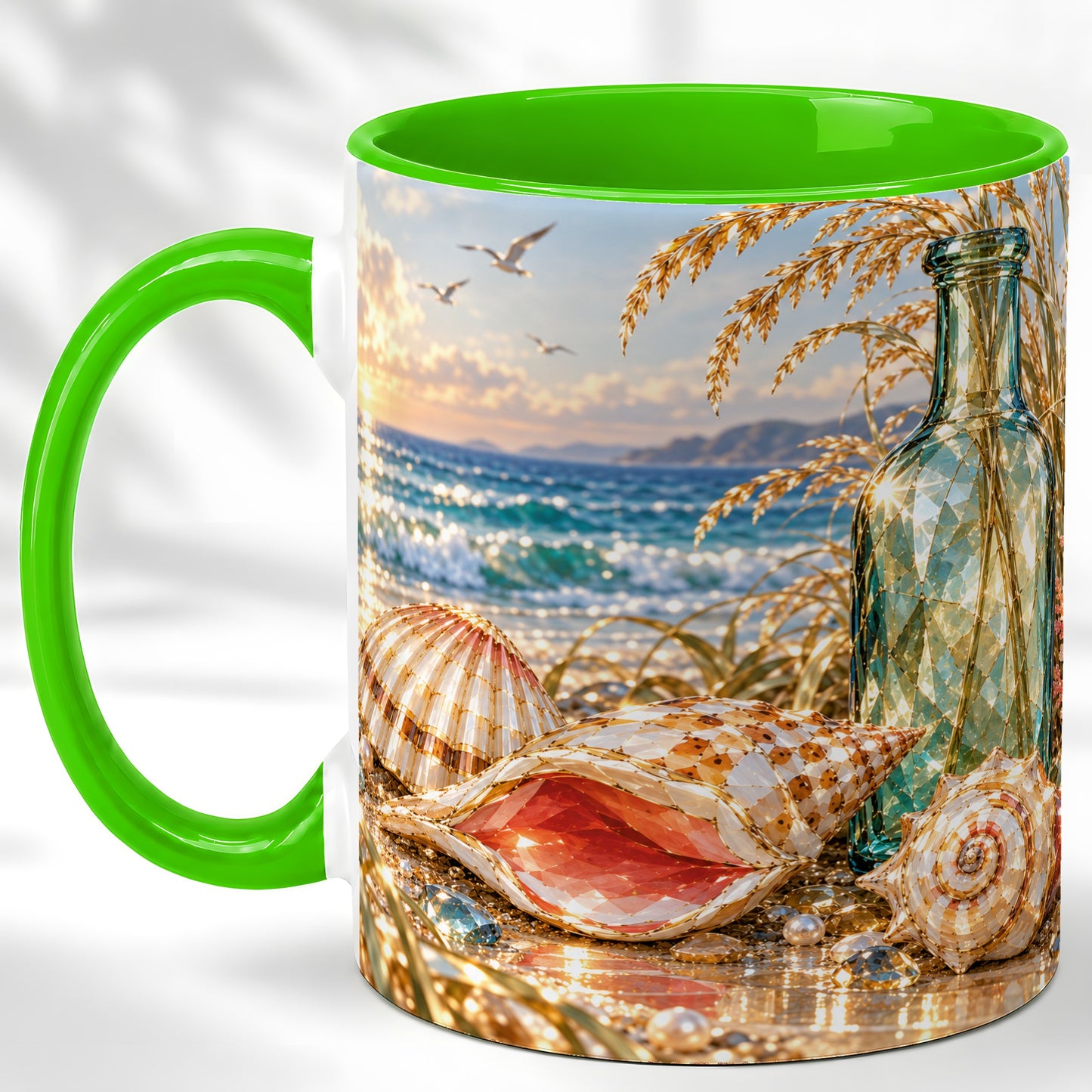 #pl[11oz|Green] Gem Style Seashell Coffee Mug, Coastal Bottle Beach Mug, Ceramic Cup