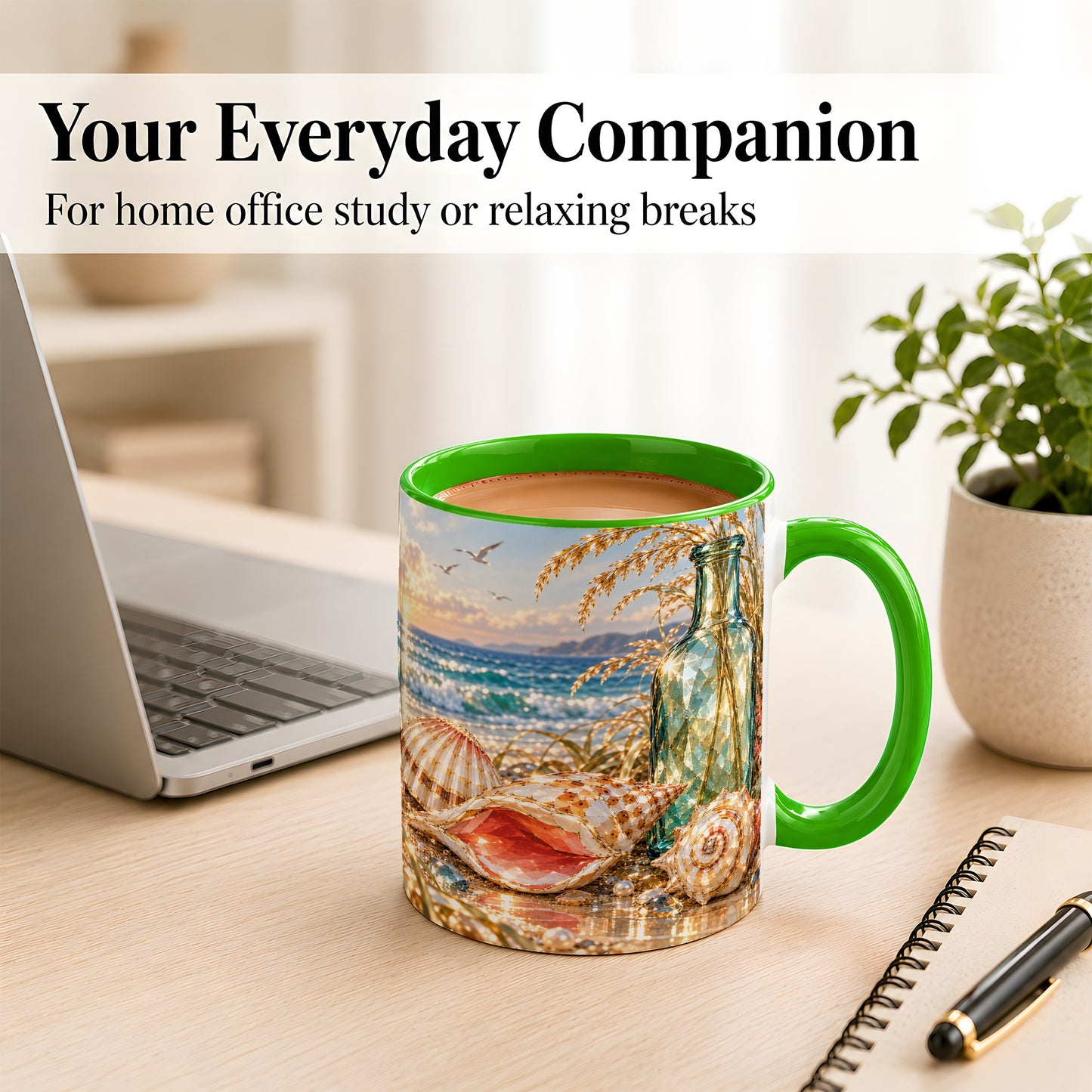 #pl[11oz|Green] Gem Style Seashell Coffee Mug, Coastal Bottle Beach Mug, Ceramic Cup