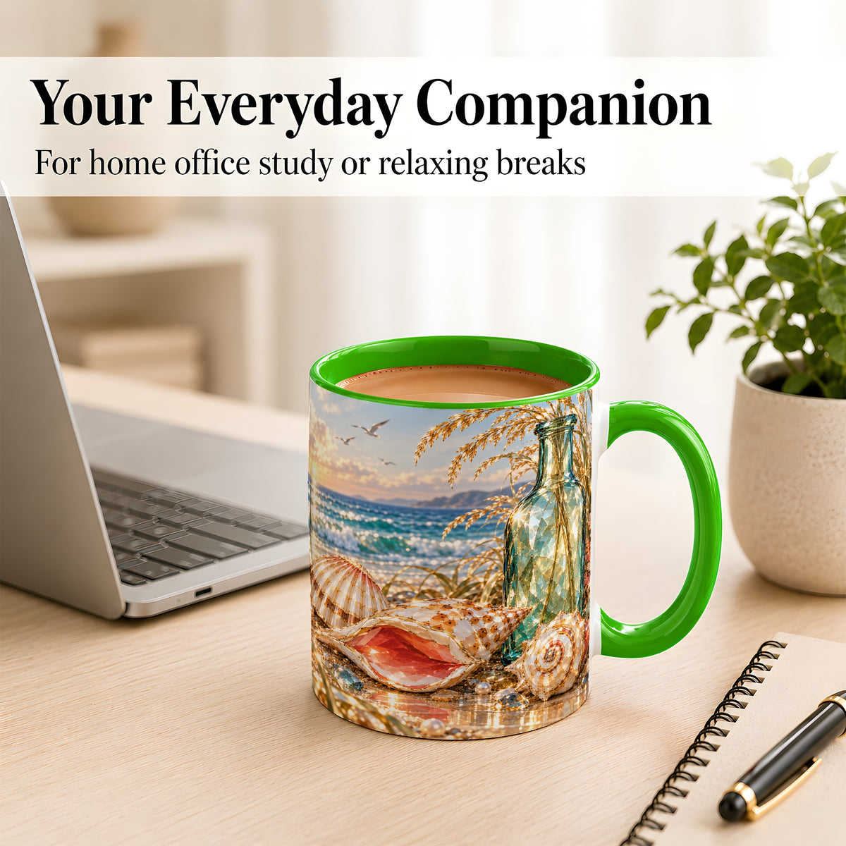 #pl[11oz|Green] Gem Style Seashell Coffee Mug, Coastal Bottle Beach Mug, Ceramic Cup