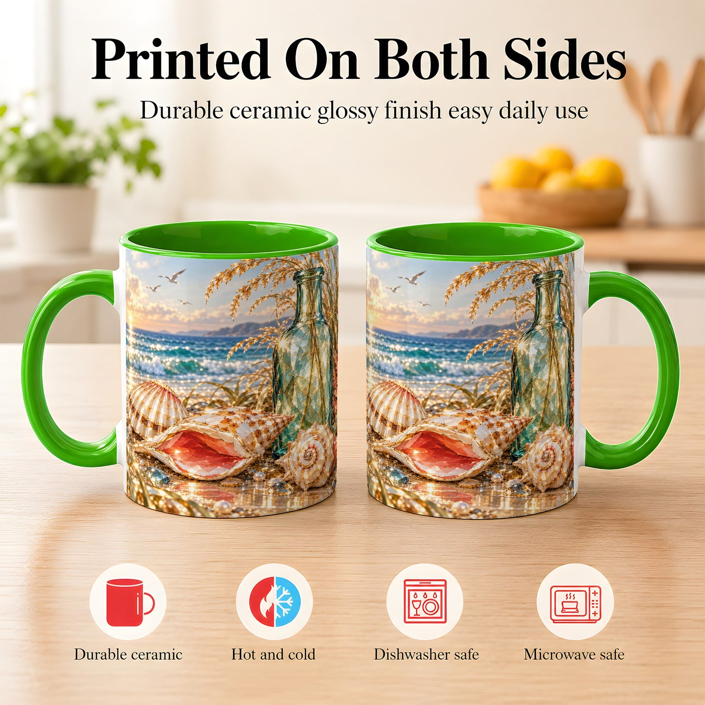 #pl[11oz|Green] Gem Style Seashell Coffee Mug, Coastal Bottle Beach Mug, Ceramic Cup