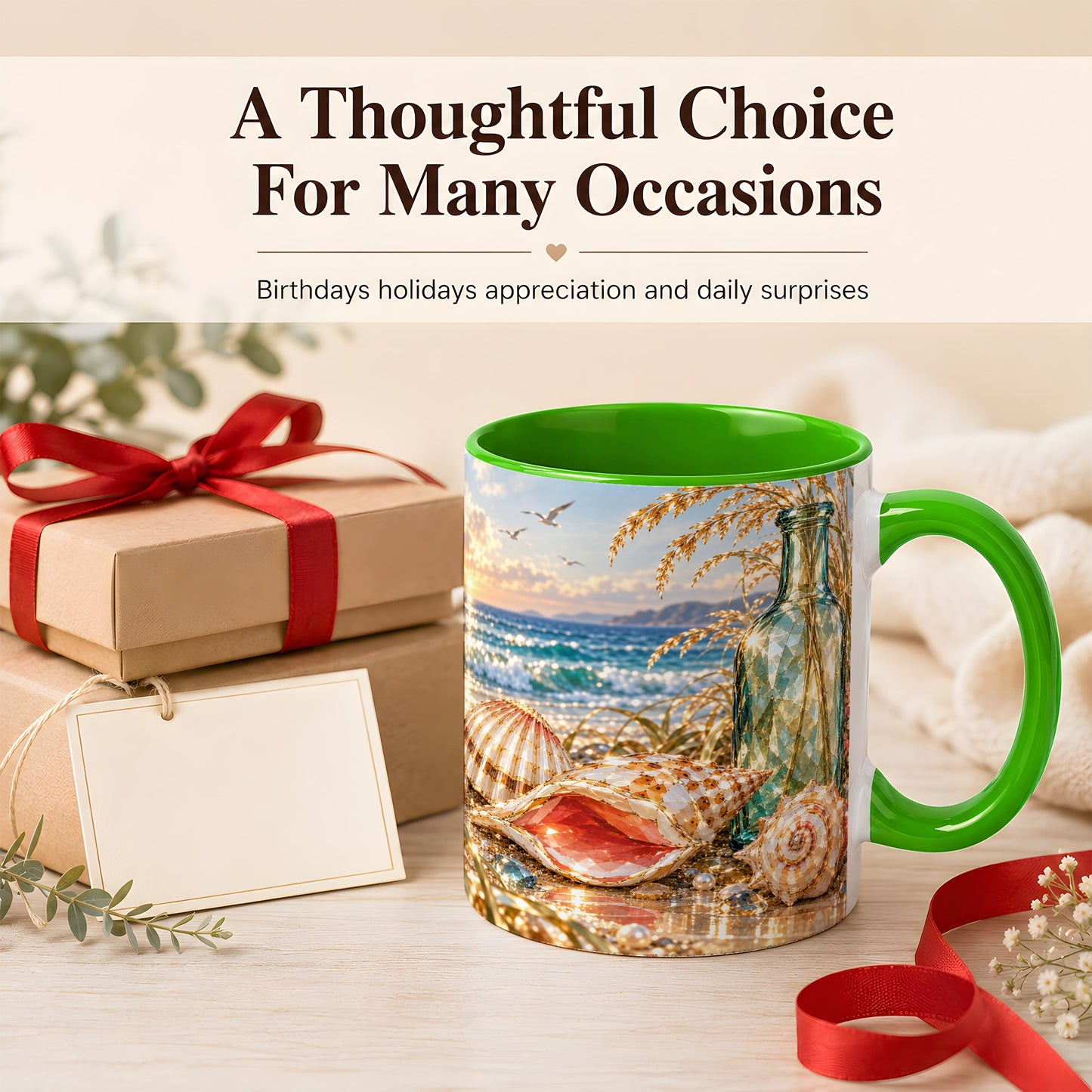 #pl[11oz|Green] Gem Style Seashell Coffee Mug, Coastal Bottle Beach Mug, Ceramic Cup
