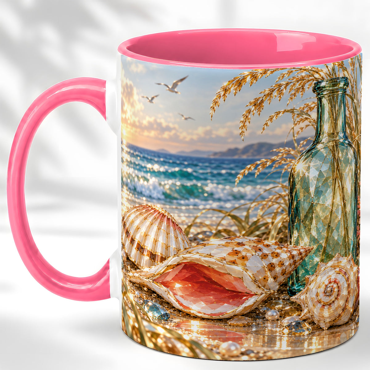 #pl[11oz|Pink] Gem Style Seashell Coffee Mug, Coastal Bottle Beach Mug, Ceramic Cup