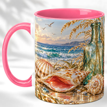 #pl[11oz|Pink] Gem Style Seashell Coffee Mug, Coastal Bottle Beach Mug, Ceramic Cup