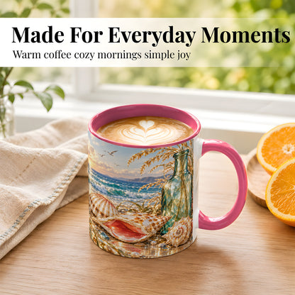 #pl[11oz|Pink] Gem Style Seashell Coffee Mug, Coastal Bottle Beach Mug, Ceramic Cup