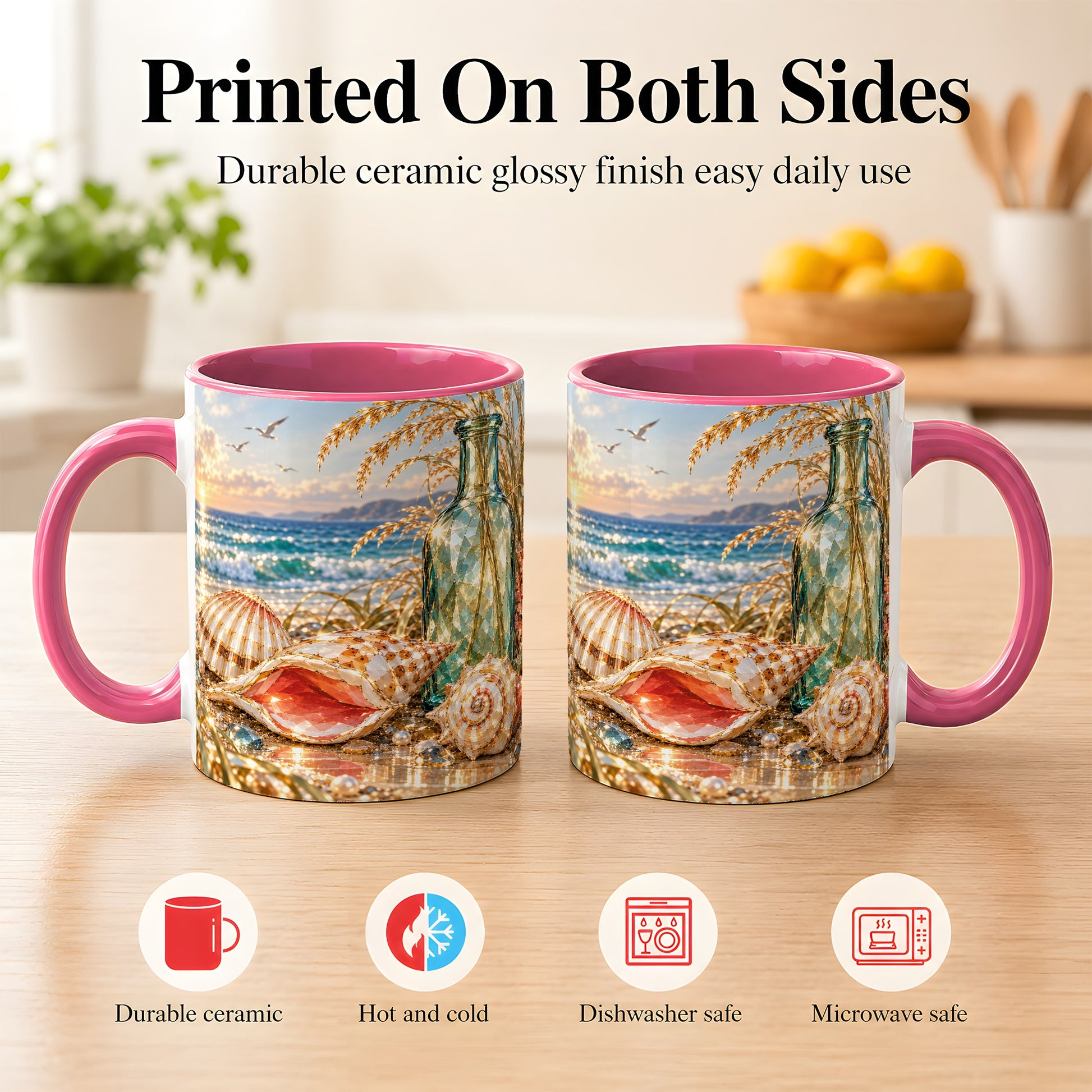 #pl[11oz|Pink] Gem Style Seashell Coffee Mug, Coastal Bottle Beach Mug, Ceramic Cup