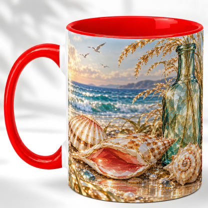 Gem Style Seashell Coffee Mug, Coastal Bottle Beach Mug, Ceramic Cup
