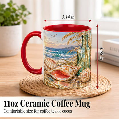 #pl[11oz|Red] Gem Style Seashell Coffee Mug, Coastal Bottle Beach Mug, Ceramic Cup
