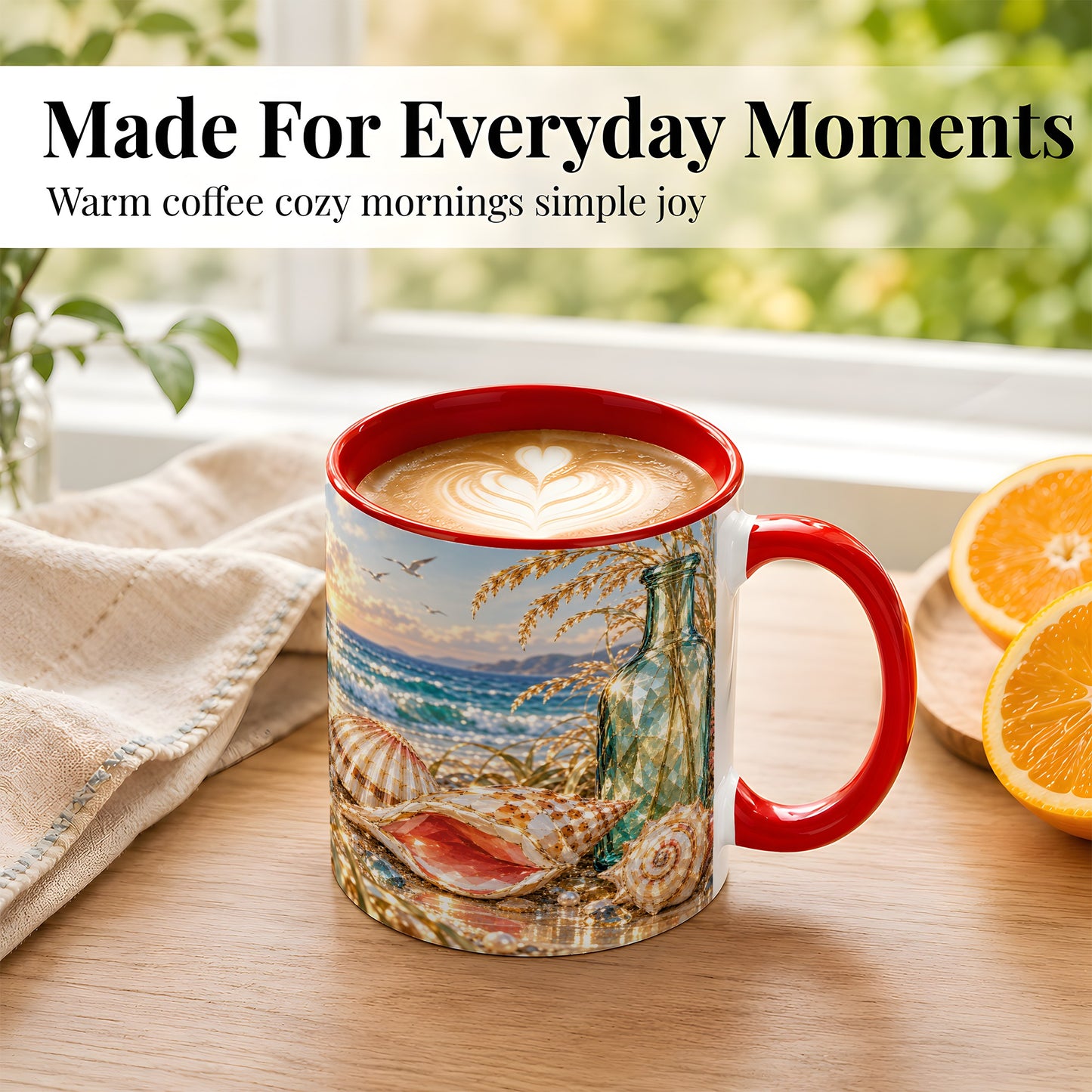 #pl[11oz|Red] Gem Style Seashell Coffee Mug, Coastal Bottle Beach Mug, Ceramic Cup
