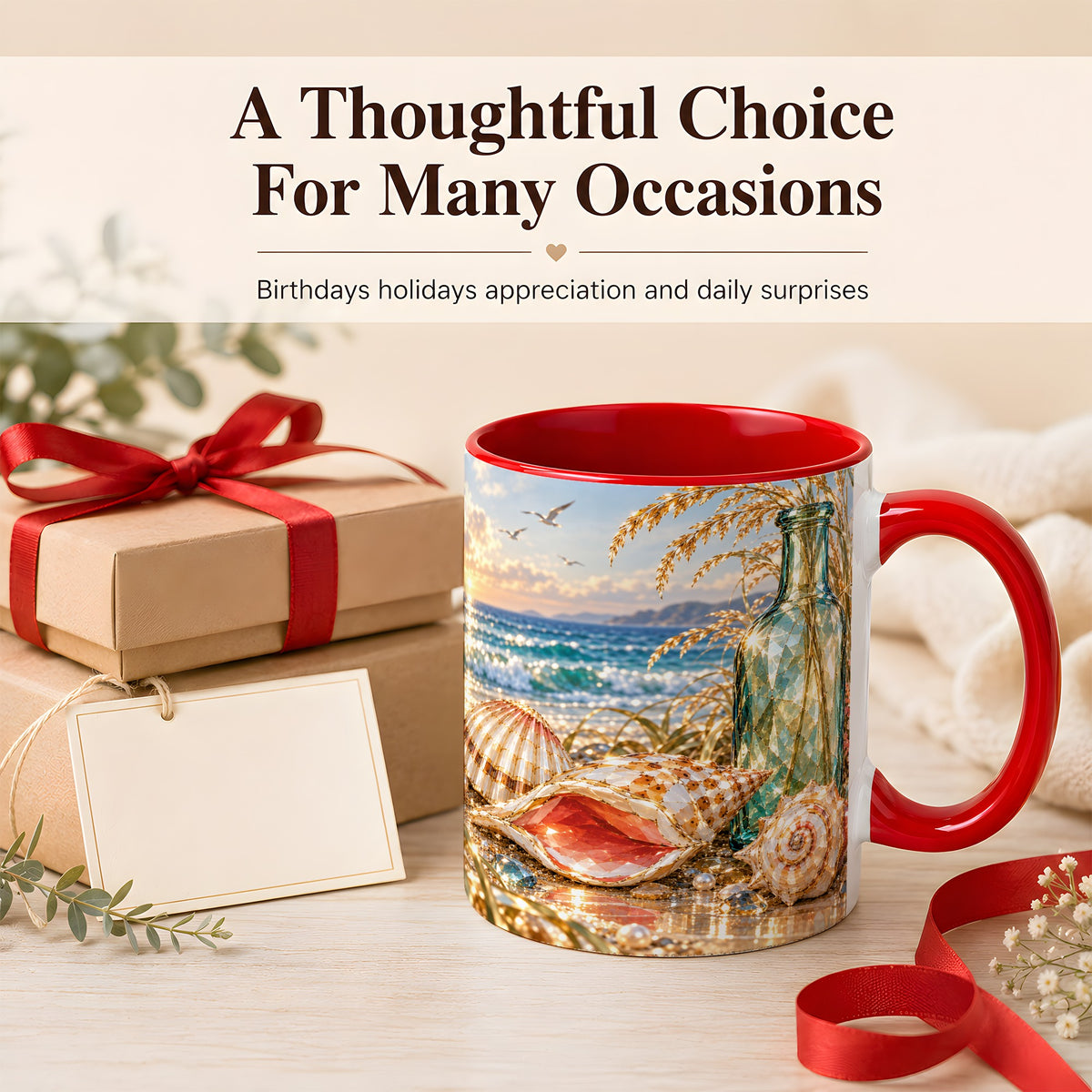 #pl[11oz|Red] Gem Style Seashell Coffee Mug, Coastal Bottle Beach Mug, Ceramic Cup