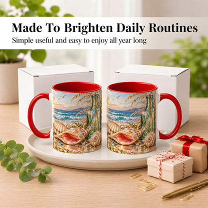 #pl[11oz|Red] Gem Style Seashell Coffee Mug, Coastal Bottle Beach Mug, Ceramic Cup
