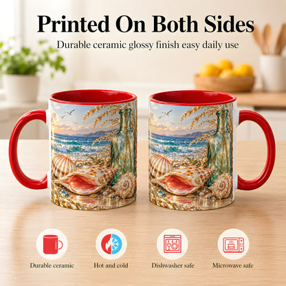 #pl[11oz|Red] Gem Style Seashell Coffee Mug, Coastal Bottle Beach Mug, Ceramic Cup