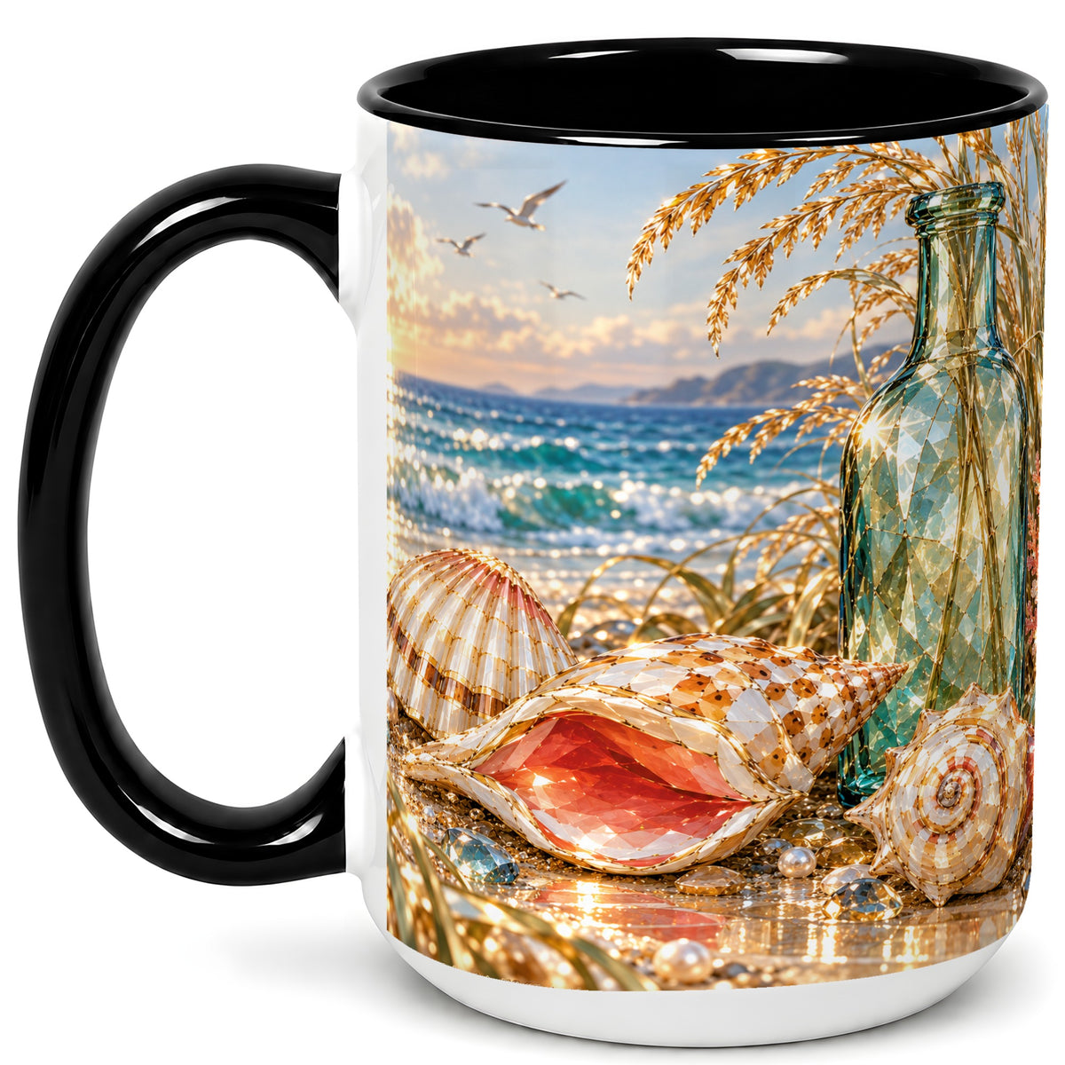 #pl[15oz|Black] Gem Style Seashell Coffee Mug, Coastal Bottle Beach Mug, Ceramic Cup