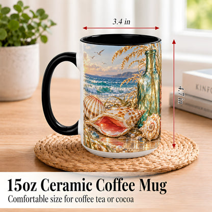 #pl[15oz|Black] Gem Style Seashell Coffee Mug, Coastal Bottle Beach Mug, Ceramic Cup