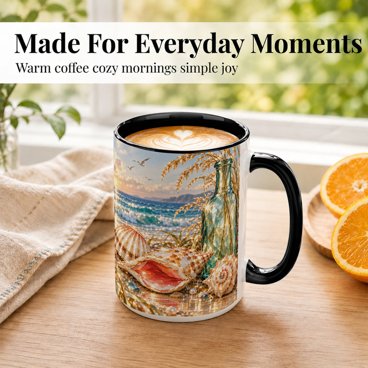 #pl[15oz|Black] Gem Style Seashell Coffee Mug, Coastal Bottle Beach Mug, Ceramic Cup