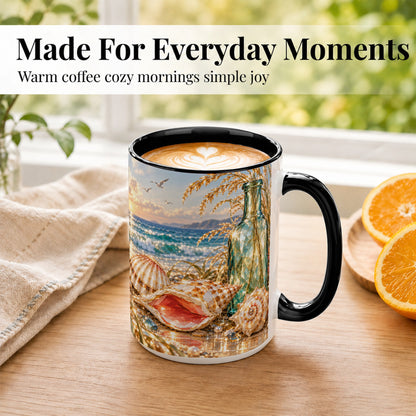 #pl[15oz|Black] Gem Style Seashell Coffee Mug, Coastal Bottle Beach Mug, Ceramic Cup