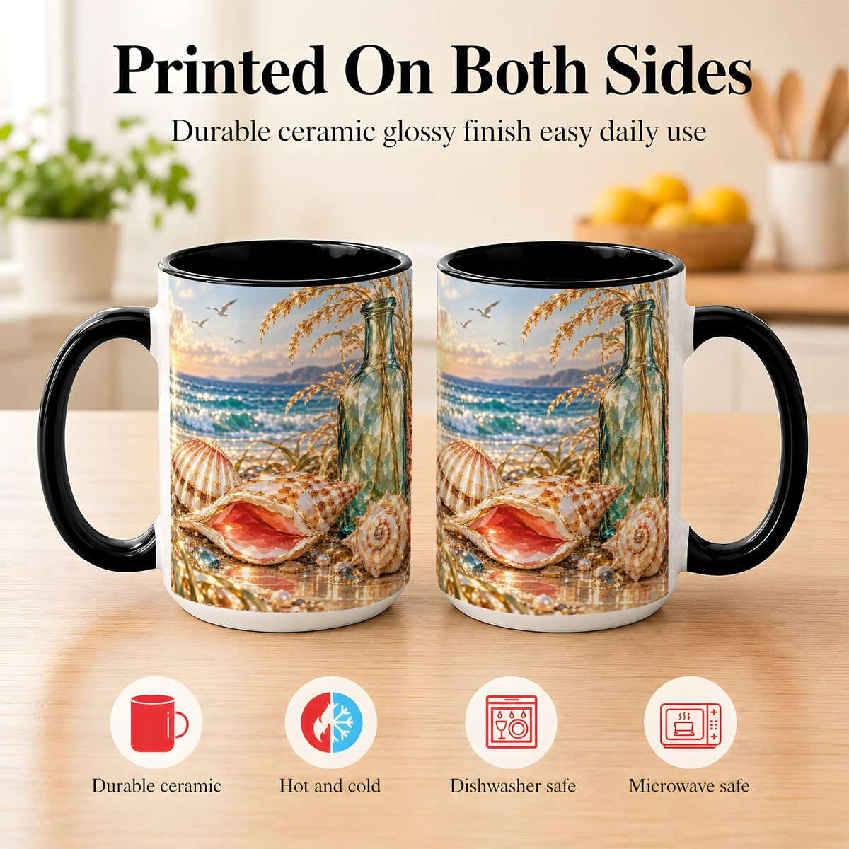 #pl[15oz|Black] Gem Style Seashell Coffee Mug, Coastal Bottle Beach Mug, Ceramic Cup