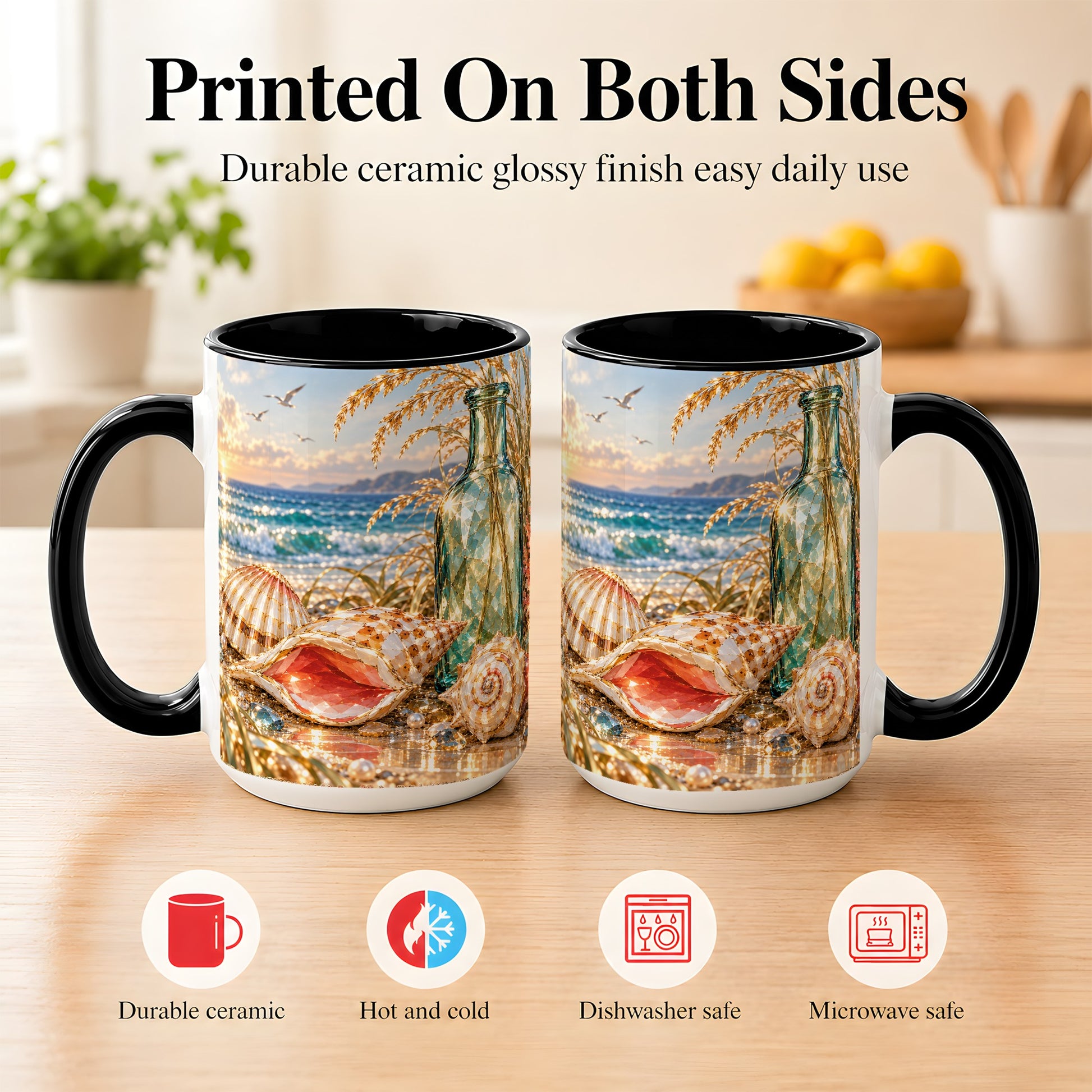 #pl[15oz|Black] Gem Style Seashell Coffee Mug, Coastal Bottle Beach Mug, Ceramic Cup