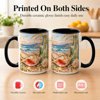 #pl[15oz|Black] Gem Style Seashell Coffee Mug, Coastal Bottle Beach Mug, Ceramic Cup
