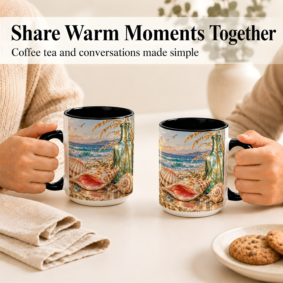 #pl[15oz|Black] Gem Style Seashell Coffee Mug, Coastal Bottle Beach Mug, Ceramic Cup