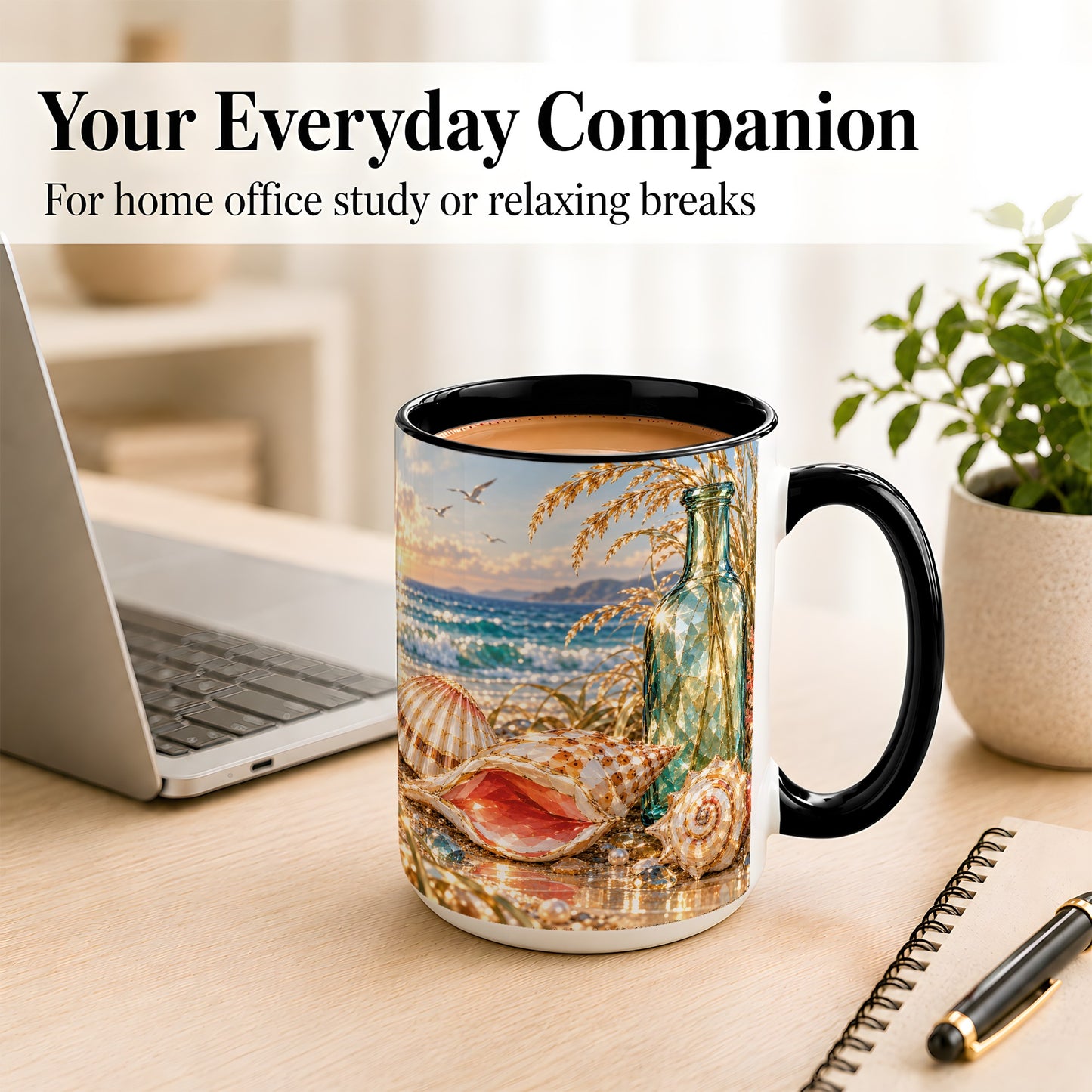 #pl[15oz|Black] Gem Style Seashell Coffee Mug, Coastal Bottle Beach Mug, Ceramic Cup