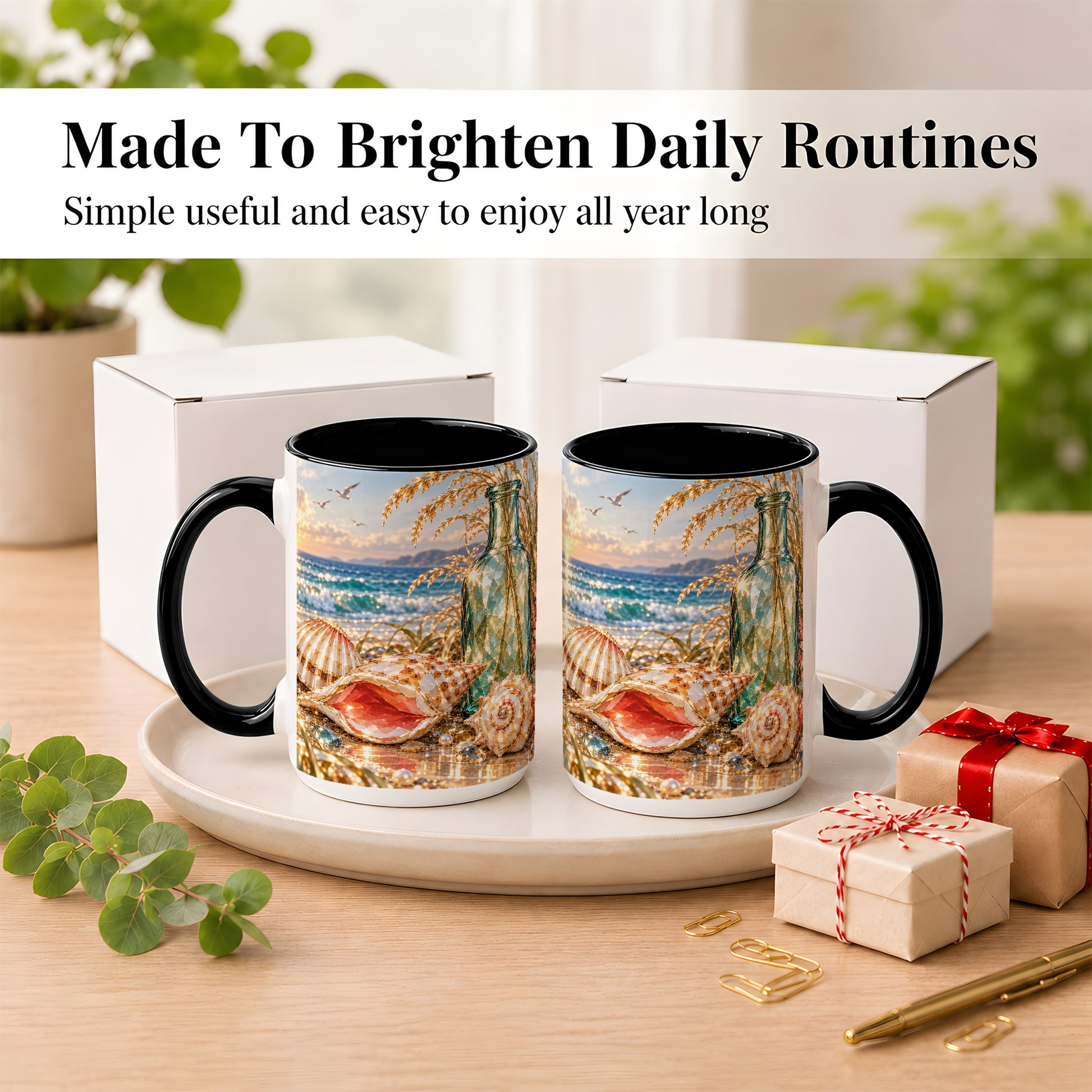 #pl[15oz|Black] Gem Style Seashell Coffee Mug, Coastal Bottle Beach Mug, Ceramic Cup