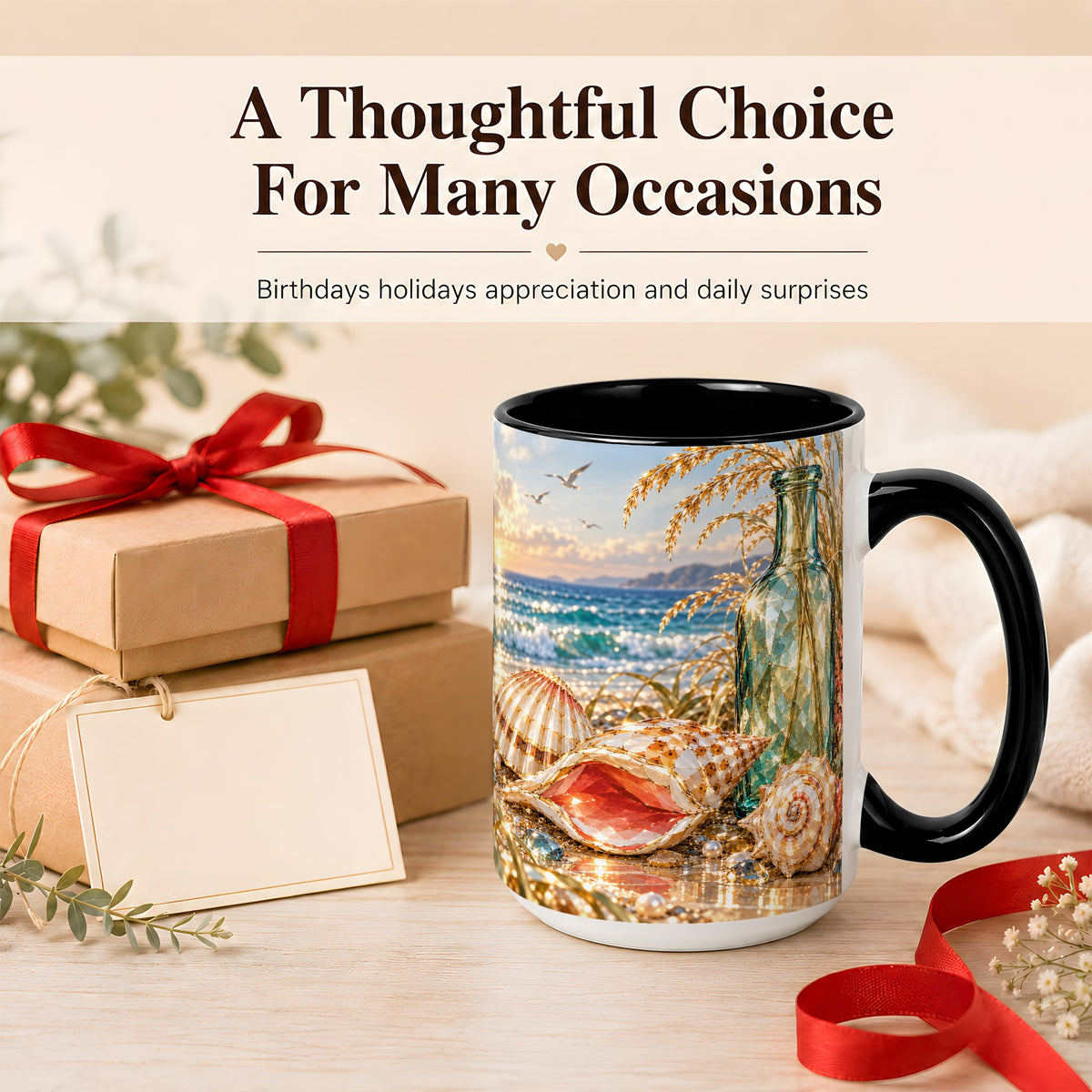 #pl[15oz|Black] Gem Style Seashell Coffee Mug, Coastal Bottle Beach Mug, Ceramic Cup