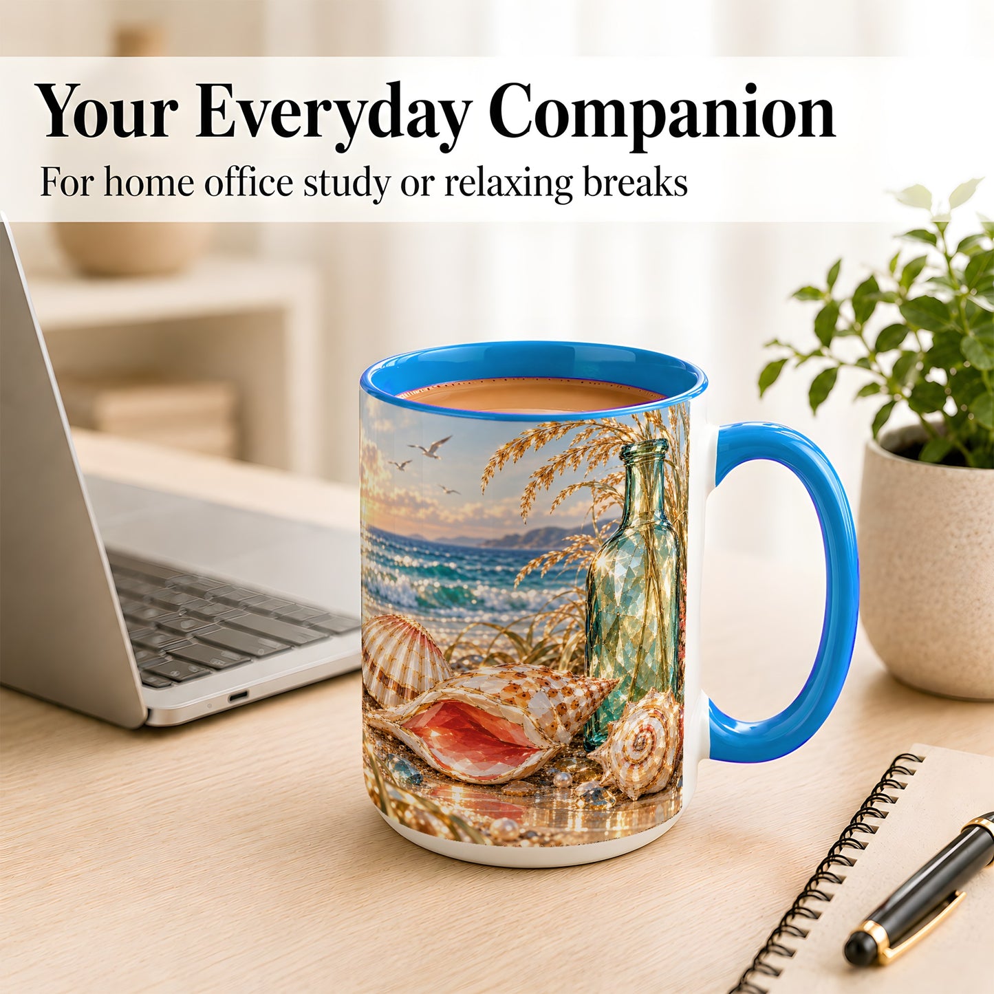 #pl[15oz|Blue] Gem Style Seashell Coffee Mug, Coastal Bottle Beach Mug, Ceramic Cup