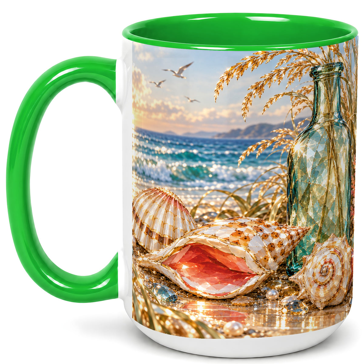 #pl[15oz|Green] Gem Style Seashell Coffee Mug, Coastal Bottle Beach Mug, Ceramic Cup
