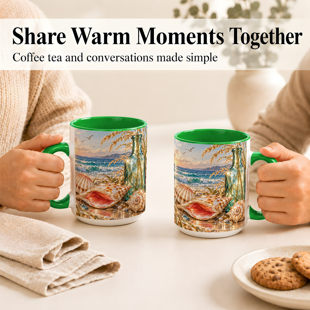 #pl[15oz|Green] Gem Style Seashell Coffee Mug, Coastal Bottle Beach Mug, Ceramic Cup