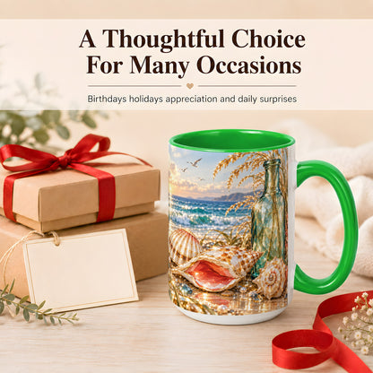 #pl[15oz|Green] Gem Style Seashell Coffee Mug, Coastal Bottle Beach Mug, Ceramic Cup