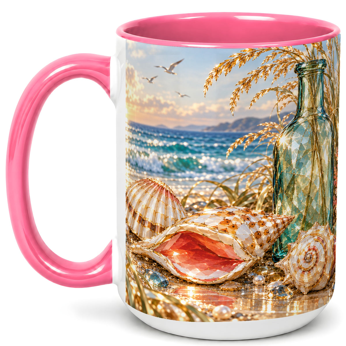 #pl[15oz|Pink] Gem Style Seashell Coffee Mug, Coastal Bottle Beach Mug, Ceramic Cup