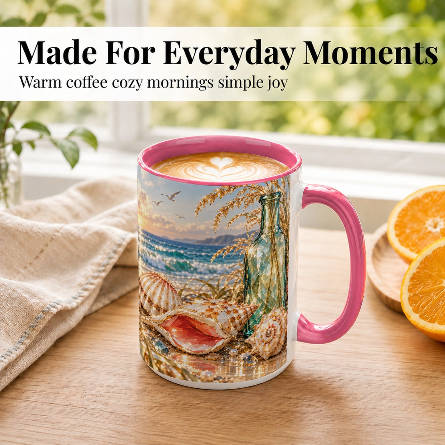 #pl[15oz|Pink] Gem Style Seashell Coffee Mug, Coastal Bottle Beach Mug, Ceramic Cup