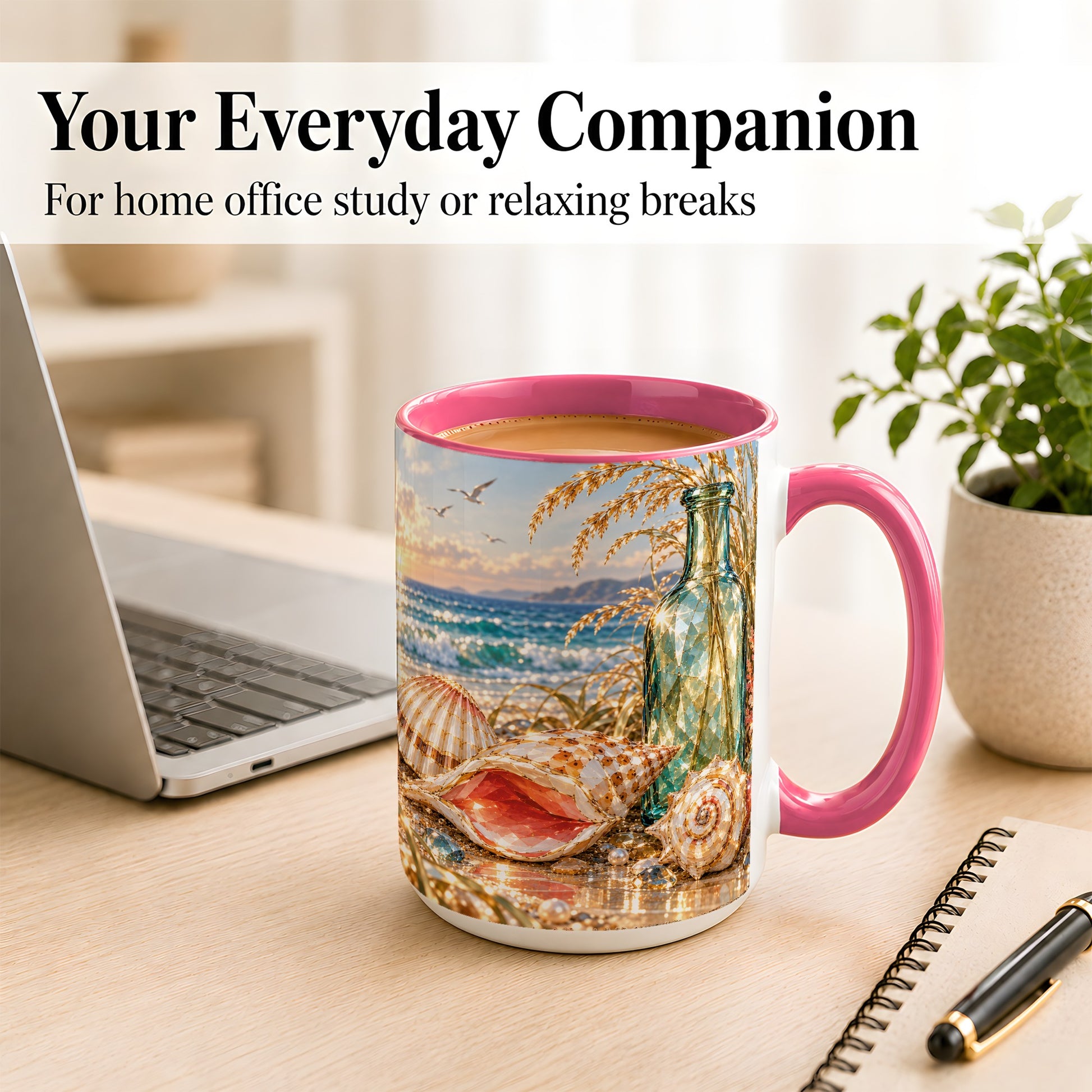 #pl[15oz|Pink] Gem Style Seashell Coffee Mug, Coastal Bottle Beach Mug, Ceramic Cup