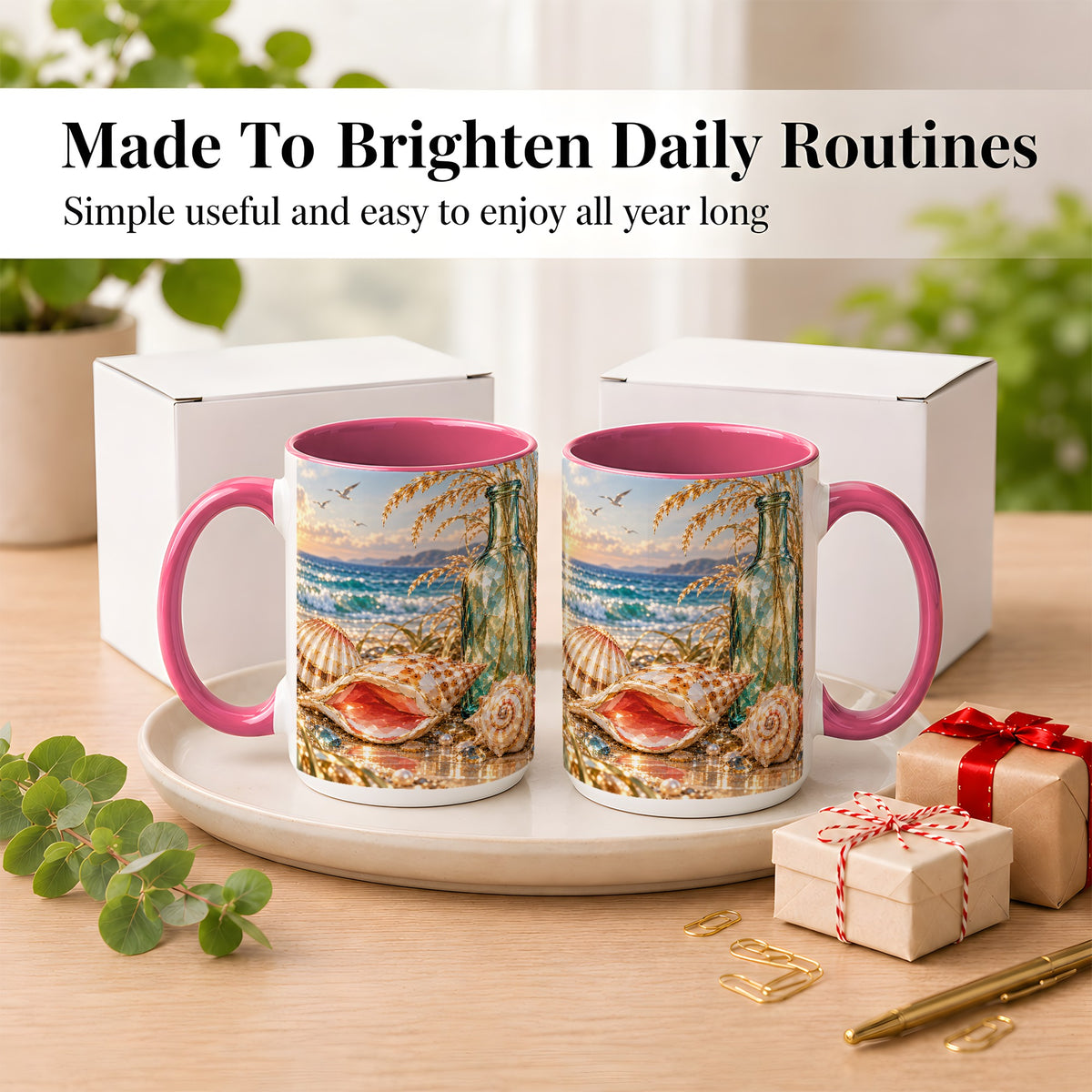 #pl[15oz|Pink] Gem Style Seashell Coffee Mug, Coastal Bottle Beach Mug, Ceramic Cup