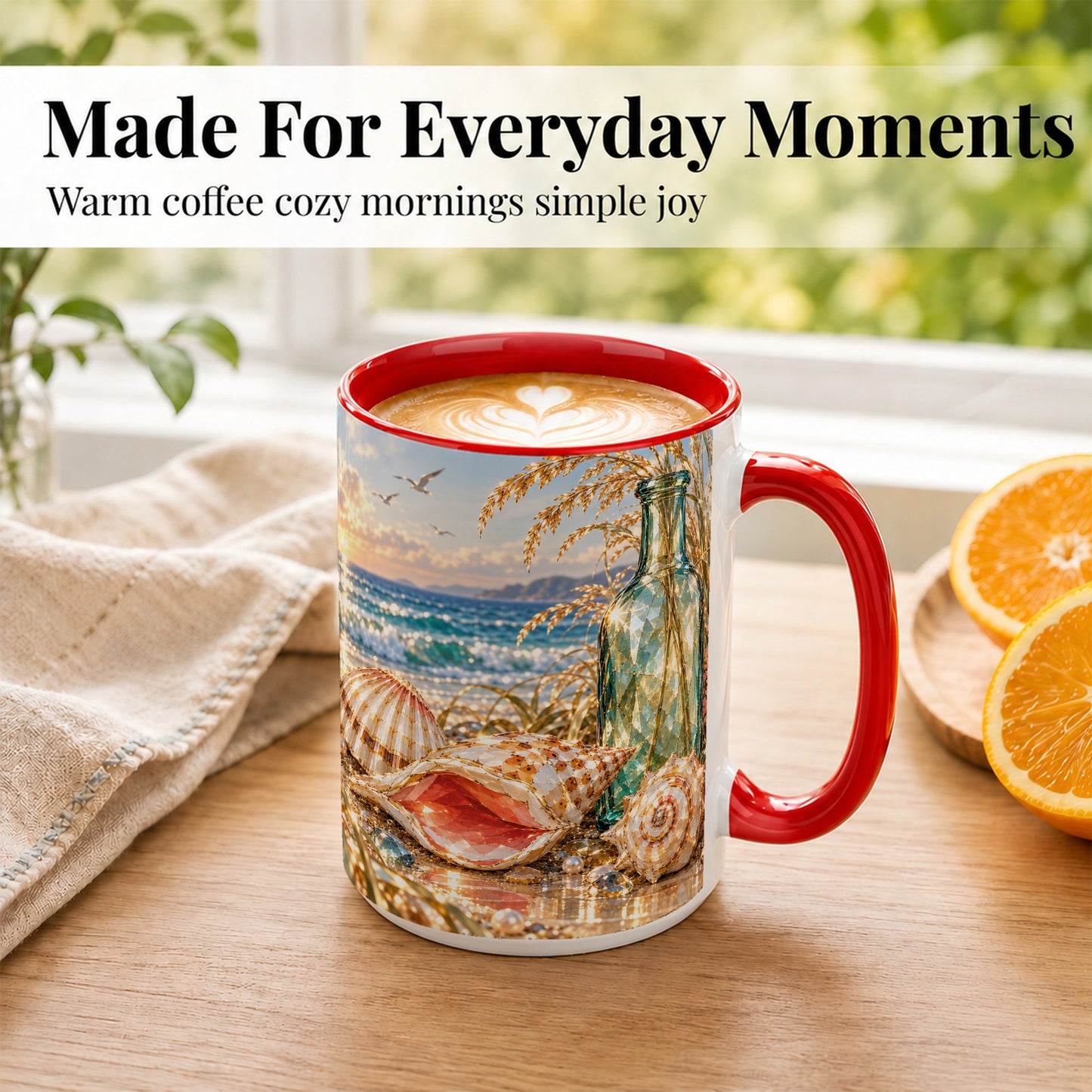 #pl[15oz|Red] Gem Style Seashell Coffee Mug, Coastal Bottle Beach Mug, Ceramic Cup
