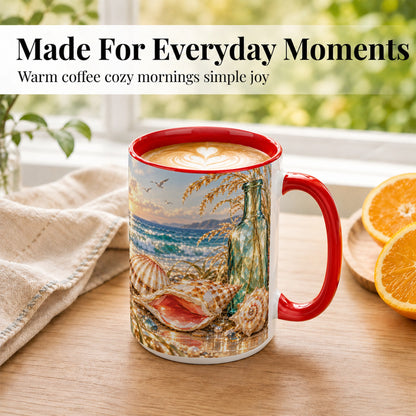 #pl[15oz|Red] Gem Style Seashell Coffee Mug, Coastal Bottle Beach Mug, Ceramic Cup